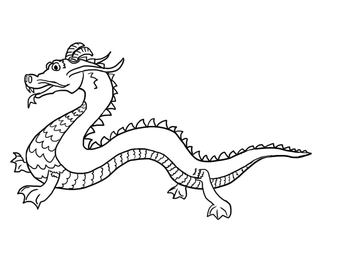 Dragon Coloring 桌布 壁紙 — 傳統中國龍的風格化黑白線條畫，帶有鱗片和爪子。