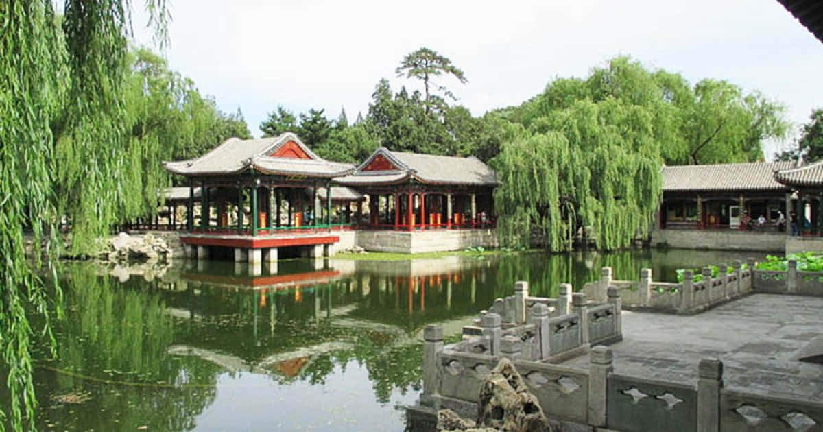 樹木 桌布 壁紙 — 傳統中式亭閣，紅色柱子、灰色屋頂，倒映在垂柳環繞的平靜綠水中。