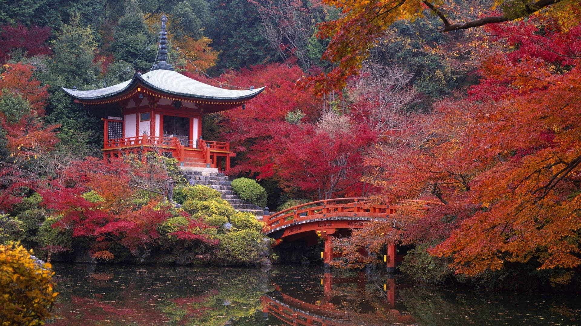 京都 桌布 壁紙 — 傳統日本亭閣與拱橋倒映在平靜的水面上，四周環繞著火紅的秋葉。
