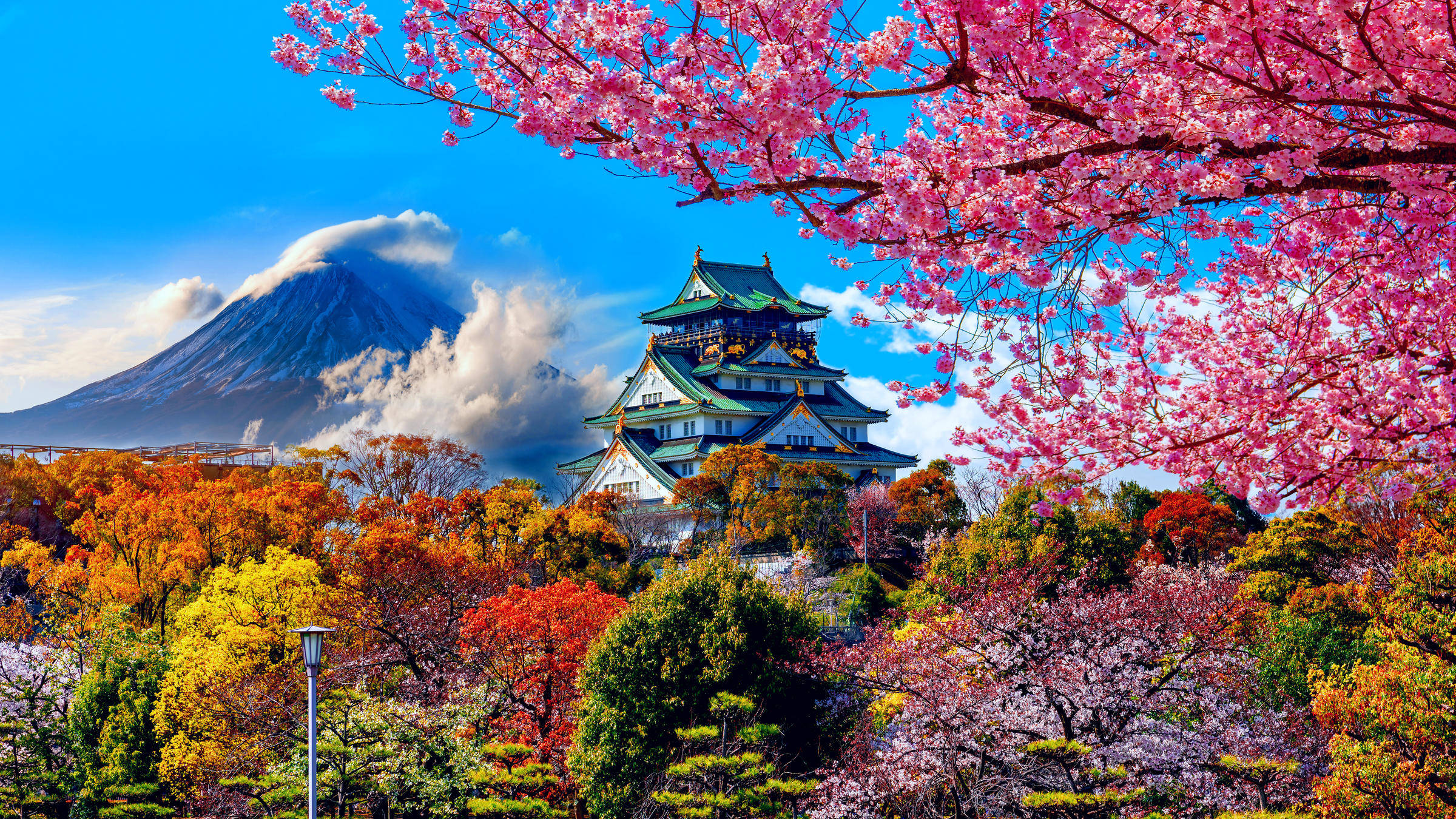 Osaka Castle 桌布 壁紙 — 傳統日本城堡，襯以鮮豔粉紅櫻花，背後富士山在晴朗藍天下聳立。