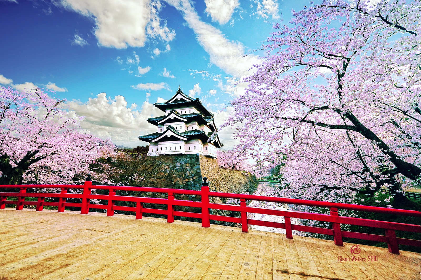 櫻花 桌布 壁紙 — 傳統日本城堡被盛開的粉紅櫻花環繞，背景是晴朗藍天和 fluffy 雲朵。