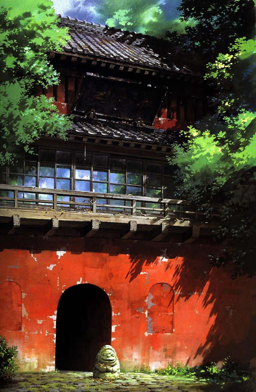 Studio Ghibli Phone 桌布 壁紙 — 傳統日本大門，紅牆瓦頂，周圍綠樹成蔭，天空明亮。