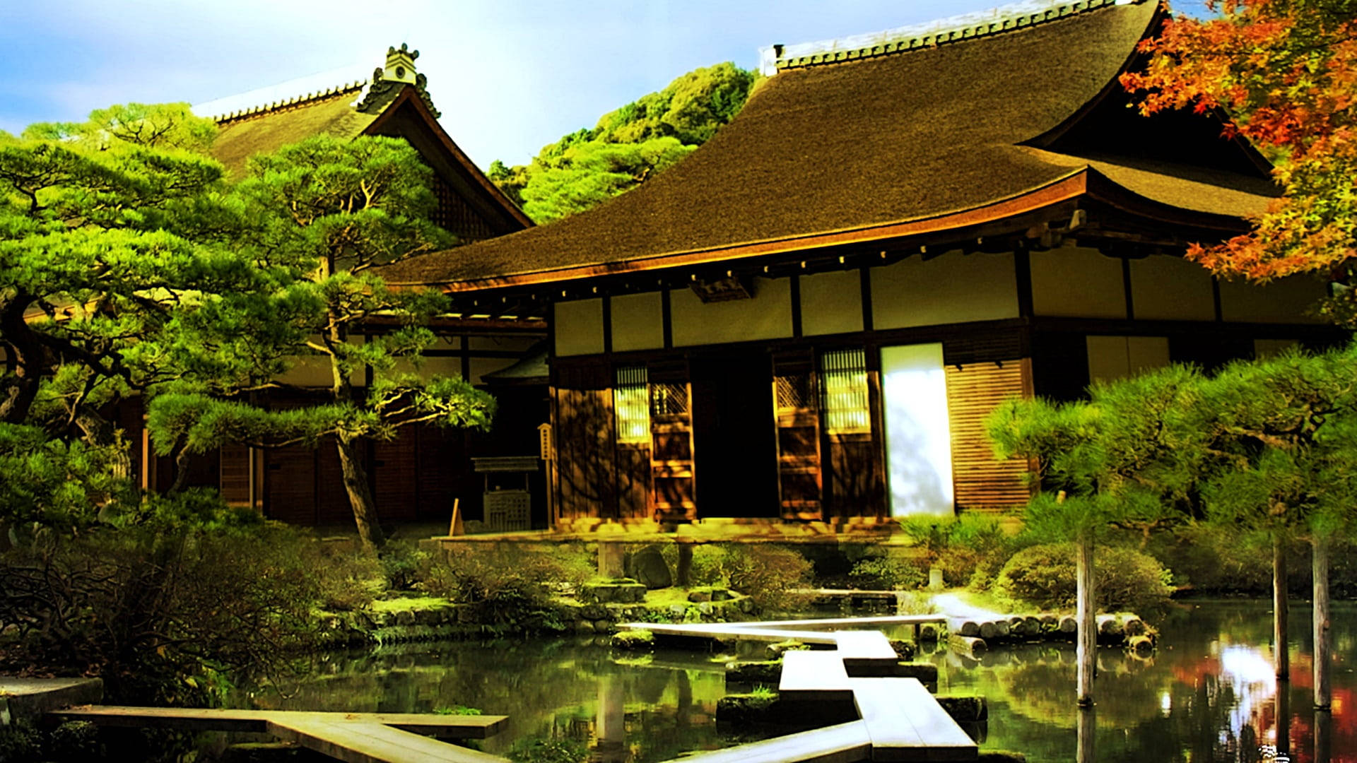 中式房屋壁紙 桌布 壁紙 — 傳統日本寺廟，擁有彎曲屋頂和木樑，周圍環繞著秋樹和反射池塘。