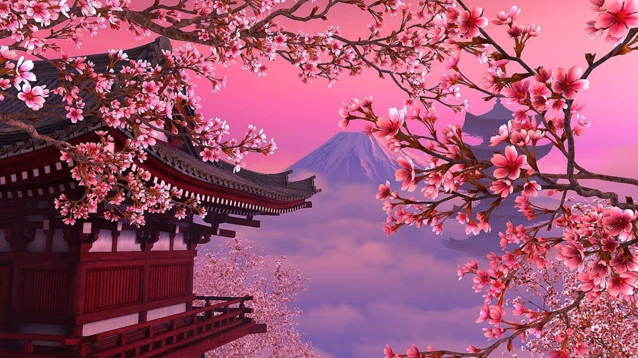 Pink Anime 桌布 壁紙 — 傳統日本寺廟被盛開的櫻花環繞，遠方富士山在粉紅天空下若隱若現。