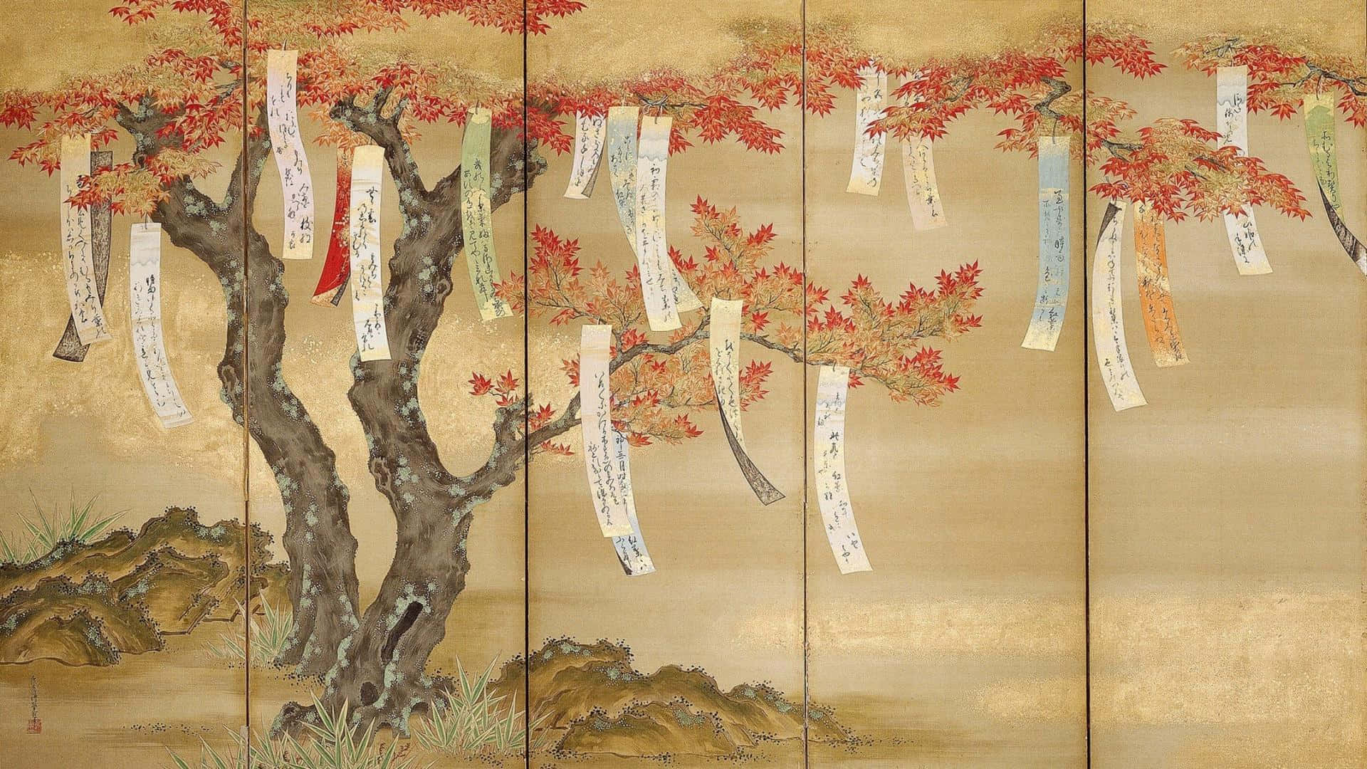 Painting 桌布 壁紙 — 傳統日本屏風描繪了一棵多節的楓樹，帶有鮮紅色的葉子和懸掛的紙祈禱，背景為金色。