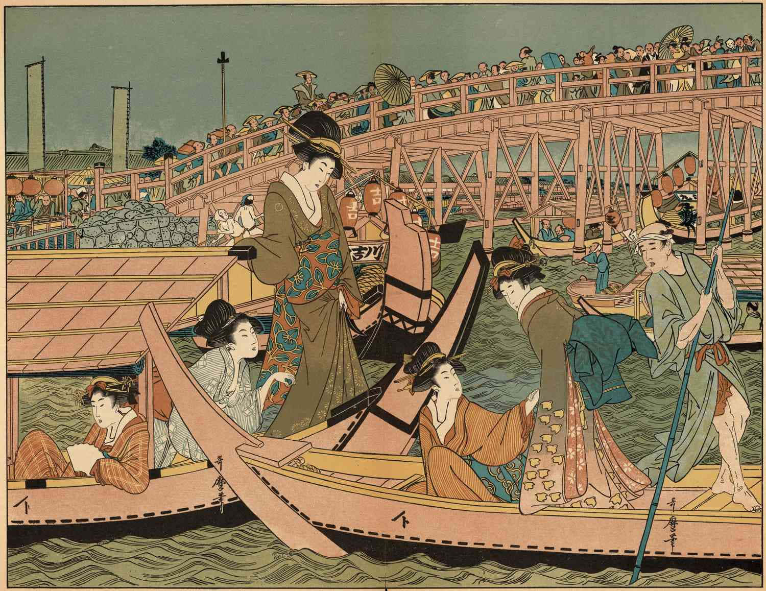 Tokugawa 桌布 壁紙 — 傳統日本木版畫，描繪穿著華麗和服的女性在擠滿人的木橋下的船上。