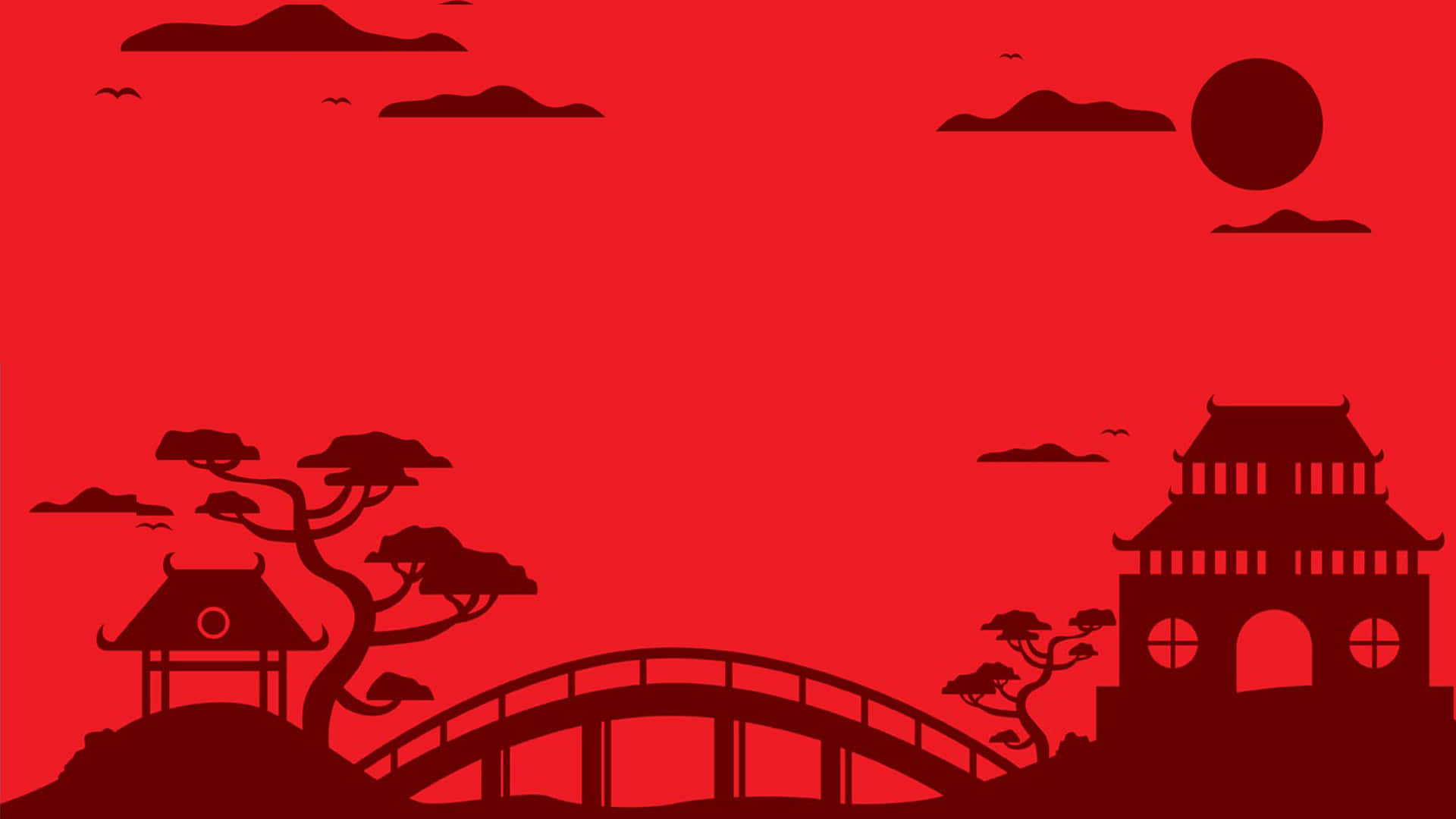 Asian 桌布 壁紙 — 傳統日本橋樑和寶塔的剪影，映襯著充滿活力的紅色日落天空，帶有風格化的雲朵和鳥兒。