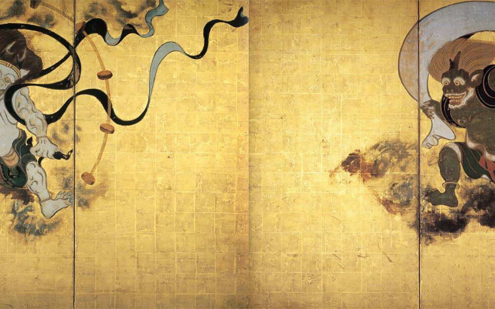 桌布 壁紙 — 傳統日本金箔屏風描繪了動態的神話人物，在帶有紋理的金色背景上飄揚著絲帶。