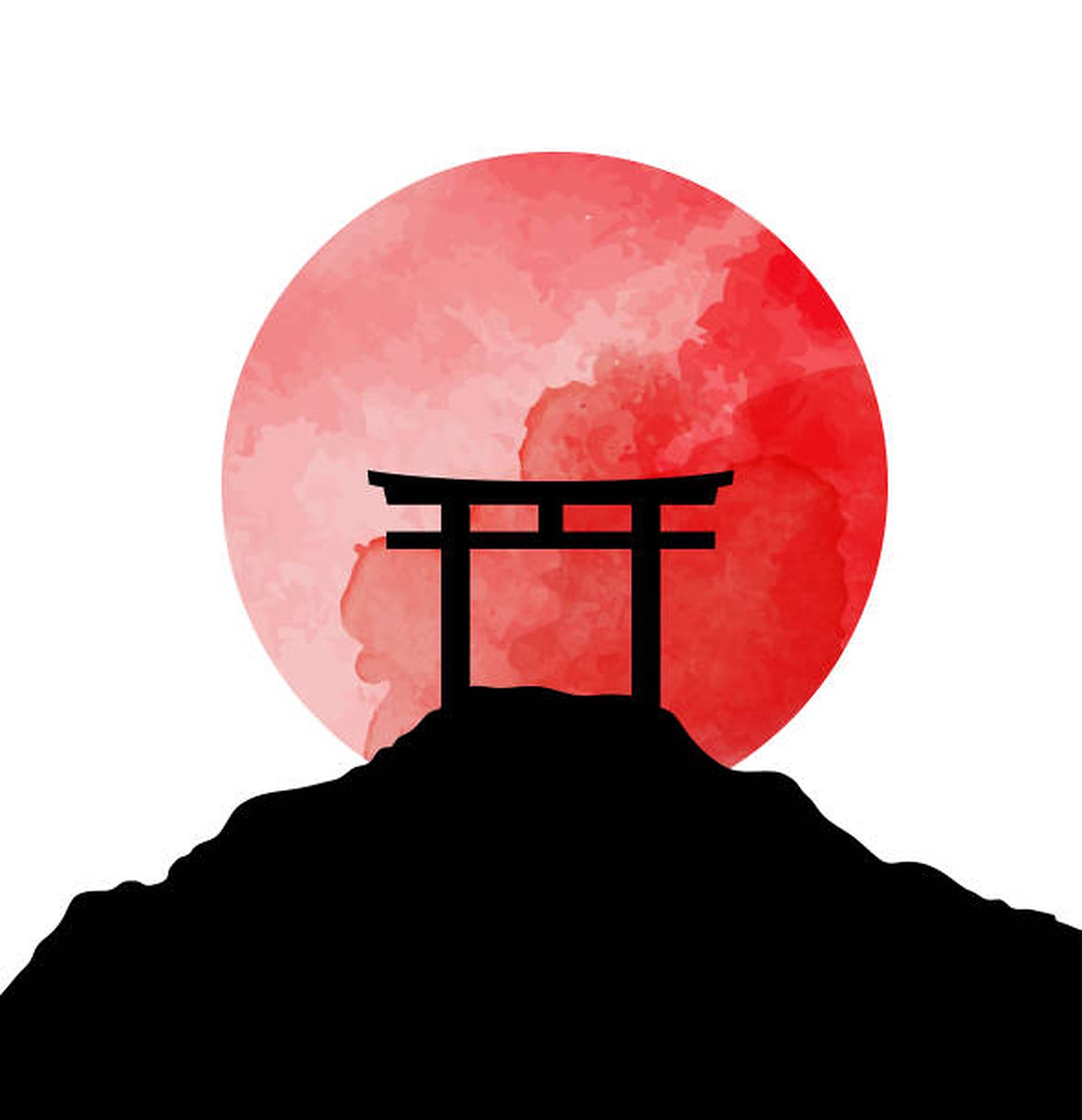 Torii 桌布 壁紙 — 傳統日本鳥居的黑色剪影矗立在山頂上，背景是充滿活力的紅色水彩太陽。