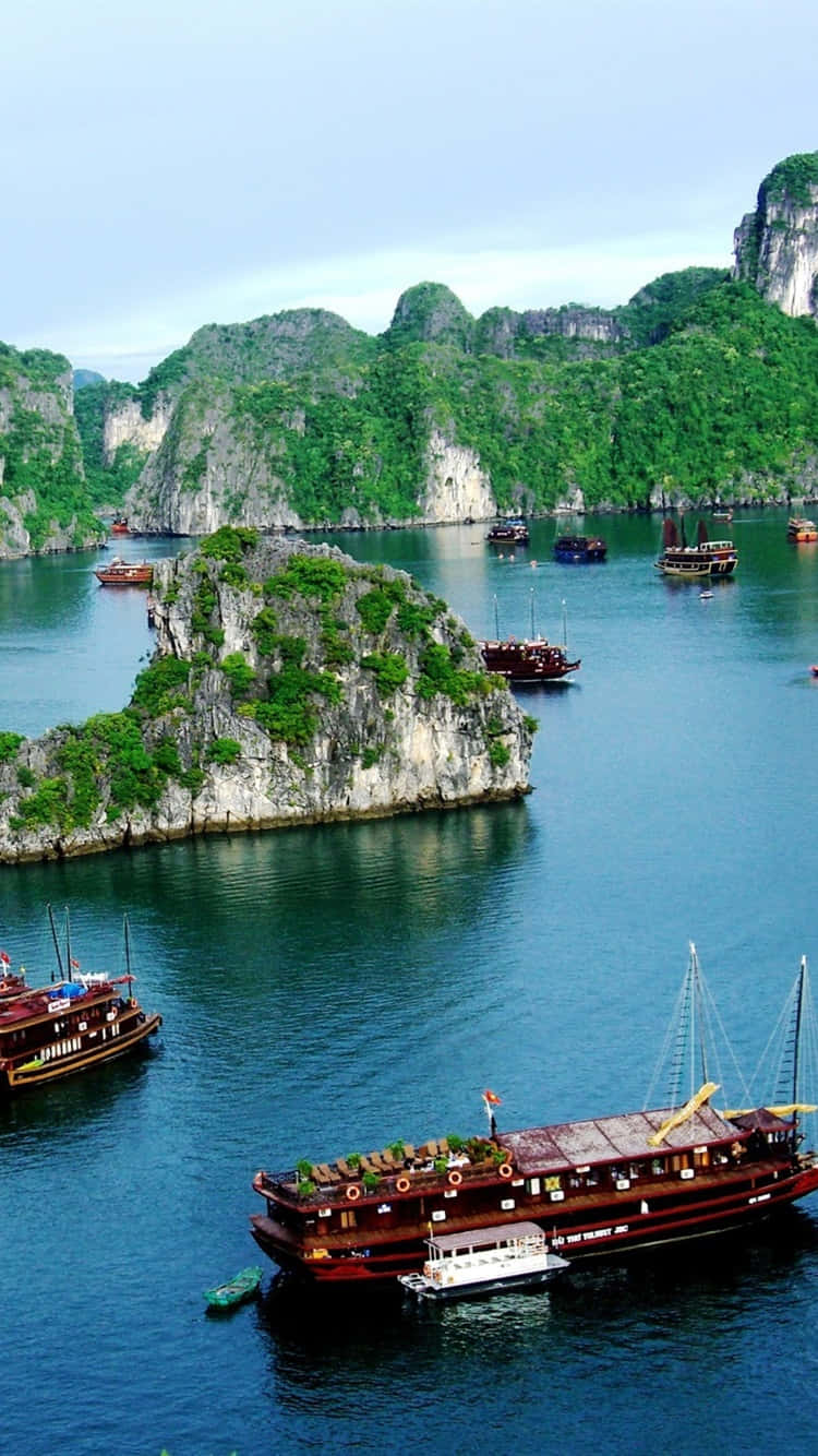 Vietnam 桌布 壁紙 — 傳統木船在柔和天空下，於高聳的綠色喀斯特島嶼之間的碧綠海面上滑行。