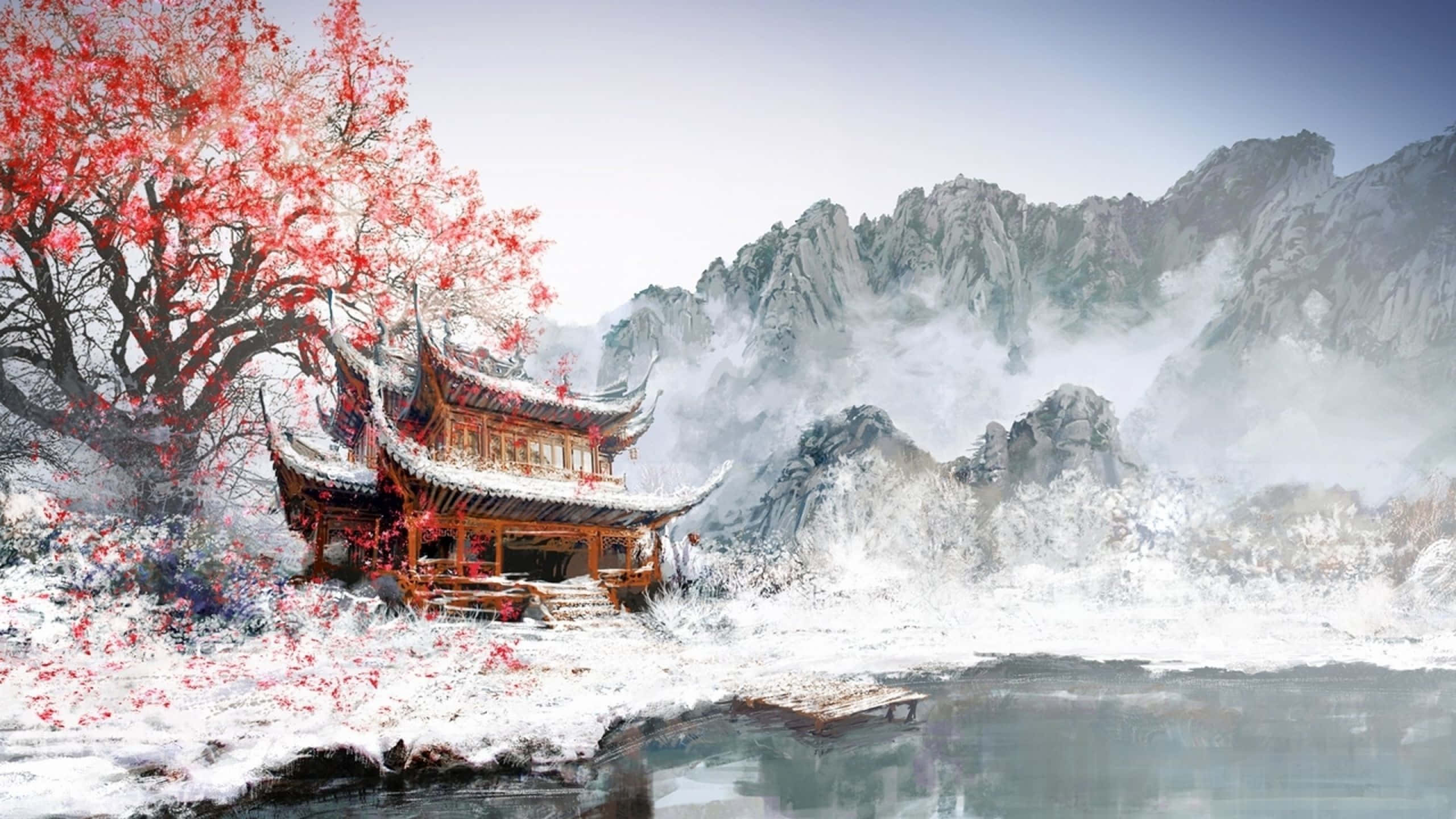 Japan Landscape 桌布 壁紙 — 傳統木製亭閣坐落於雪河旁，背景有霧氣繚繞的山巒和一棵鮮紅的楓樹。