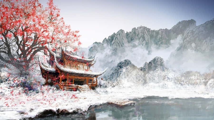 High Resolution Snow 桌布 壁紙 — 傳統木製亭閣坐落於雪覆蓋的河邊，背景有霧氣繚繞的山巒和一棵鮮紅的楓樹。