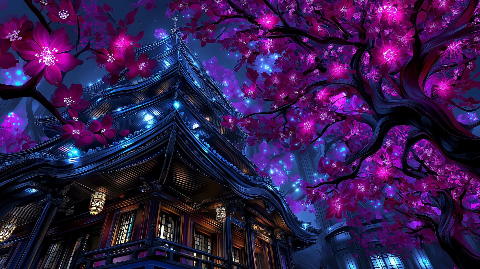 Mystical East Asian Shrine Bathed in Bioluminescent Bloom Glow 壁紙 — 傳統木造寶塔在星空下，於充滿活力的紫色櫻花樹冠下發光。