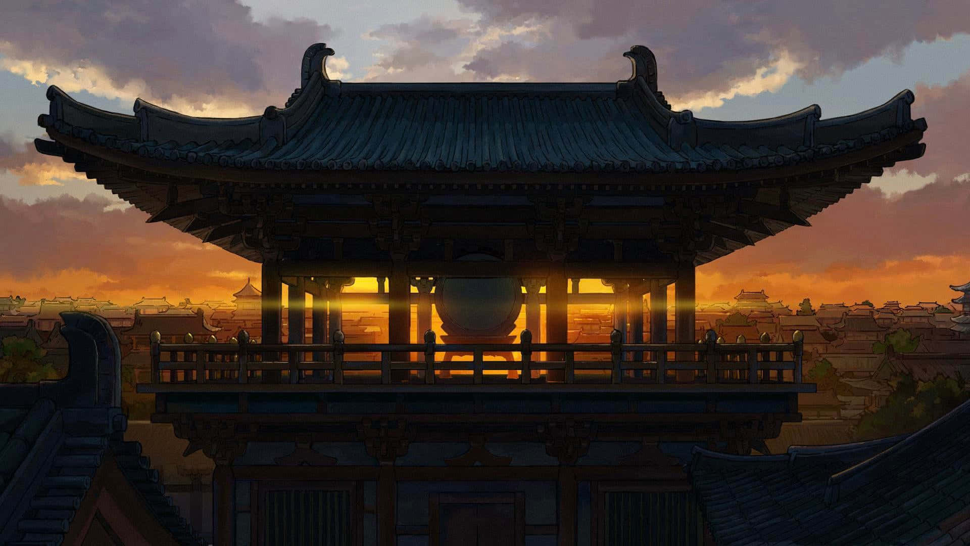 Feudal Japan 桌布 壁紙 — 傳統東亞寺廟在熾熱的日落映襯下呈現剪影，金色光線穿過其柱子流淌。