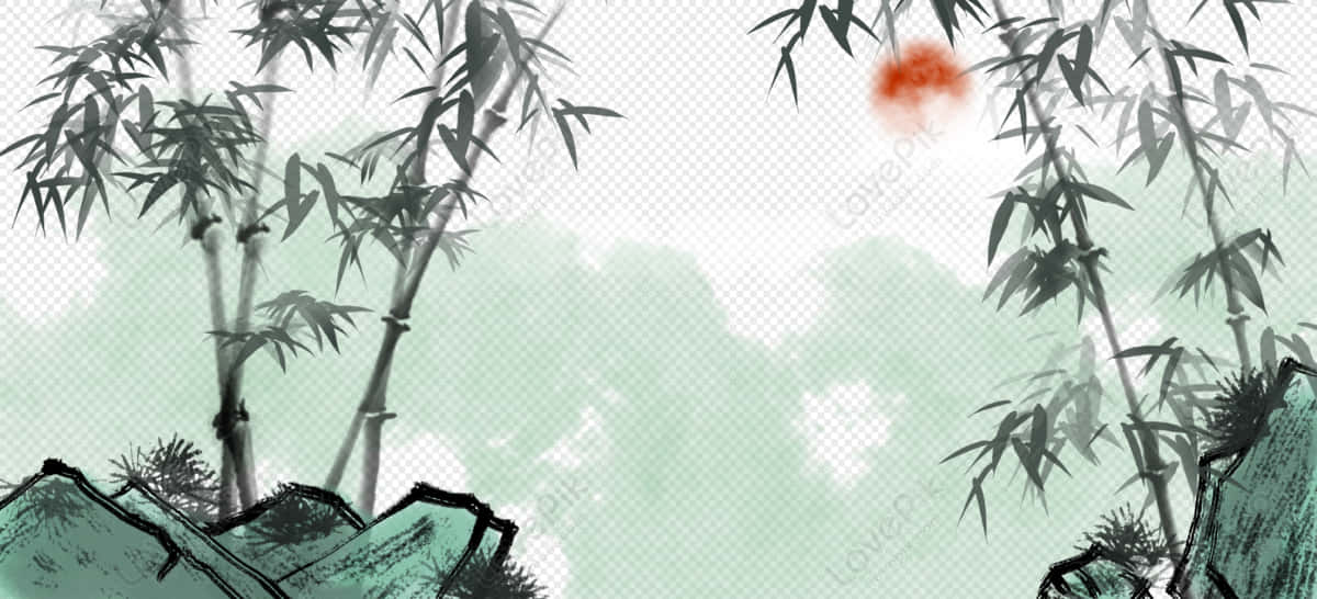 Chinese Bamboo 桌布 壁紙 — 傳統水墨畫，描繪竹樹襯托著霧氣瀰漫的綠色背景和紅色太陽。