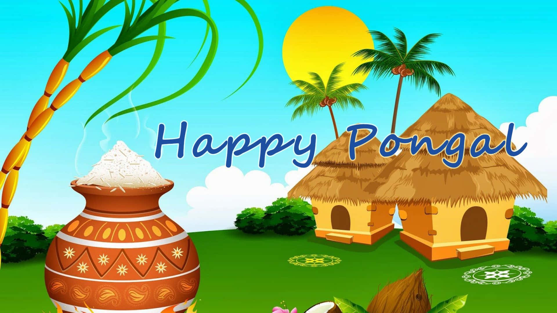 Pongal 桌布 壁紙 — 傳統豐收節慶祝活動的鮮豔卡通插圖，有冒煙的鍋、茅草屋、棕櫚樹和明亮的太陽。