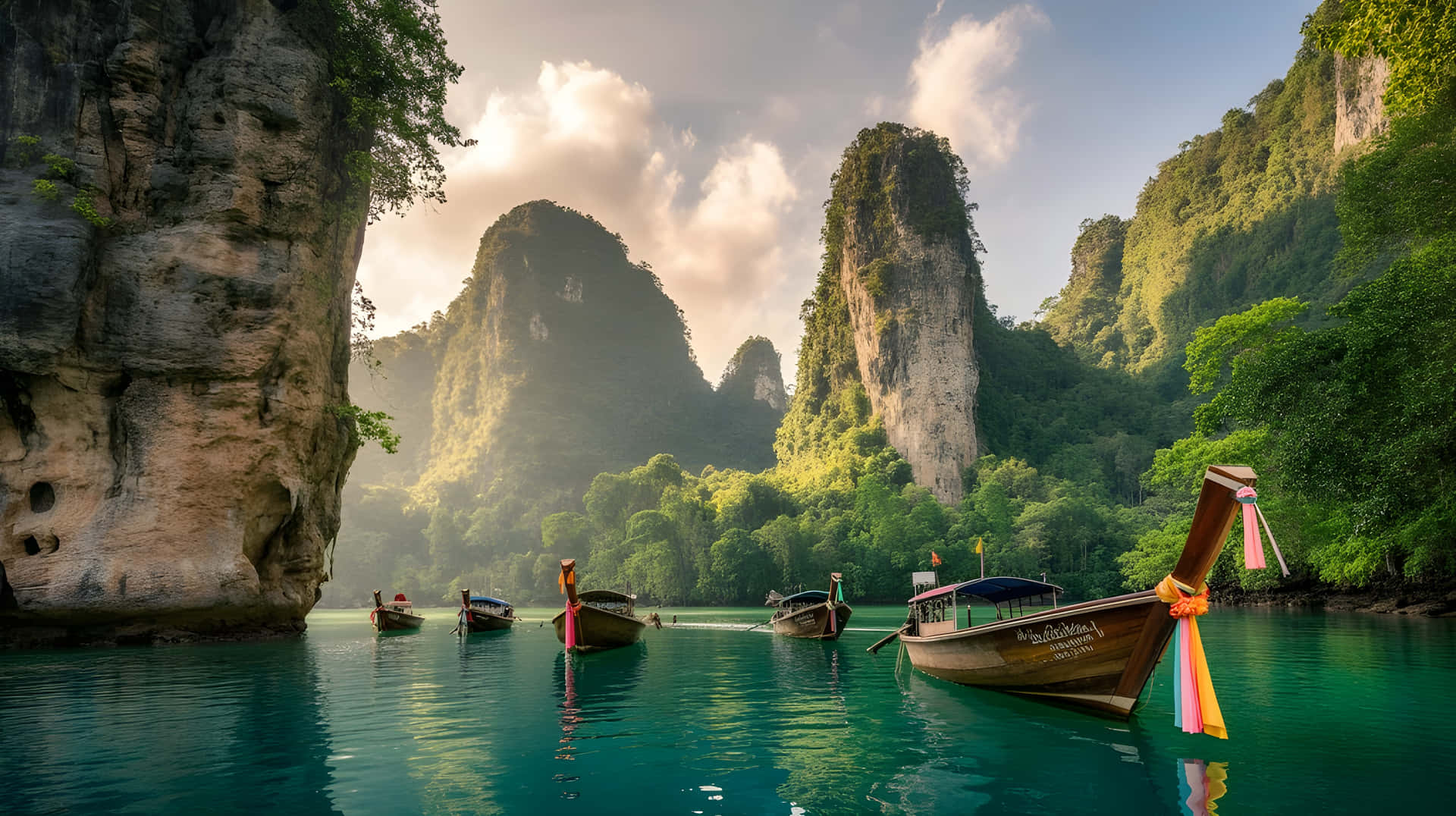 Stunning Limestone Karst and Traditional Longtail Boat Wallpaper 壁紙 — 傳統長尾船在日出時分，在碧綠色的海面上靜靜漂浮，四周環繞著高聳的、被叢林覆蓋的石灰岩懸崖。