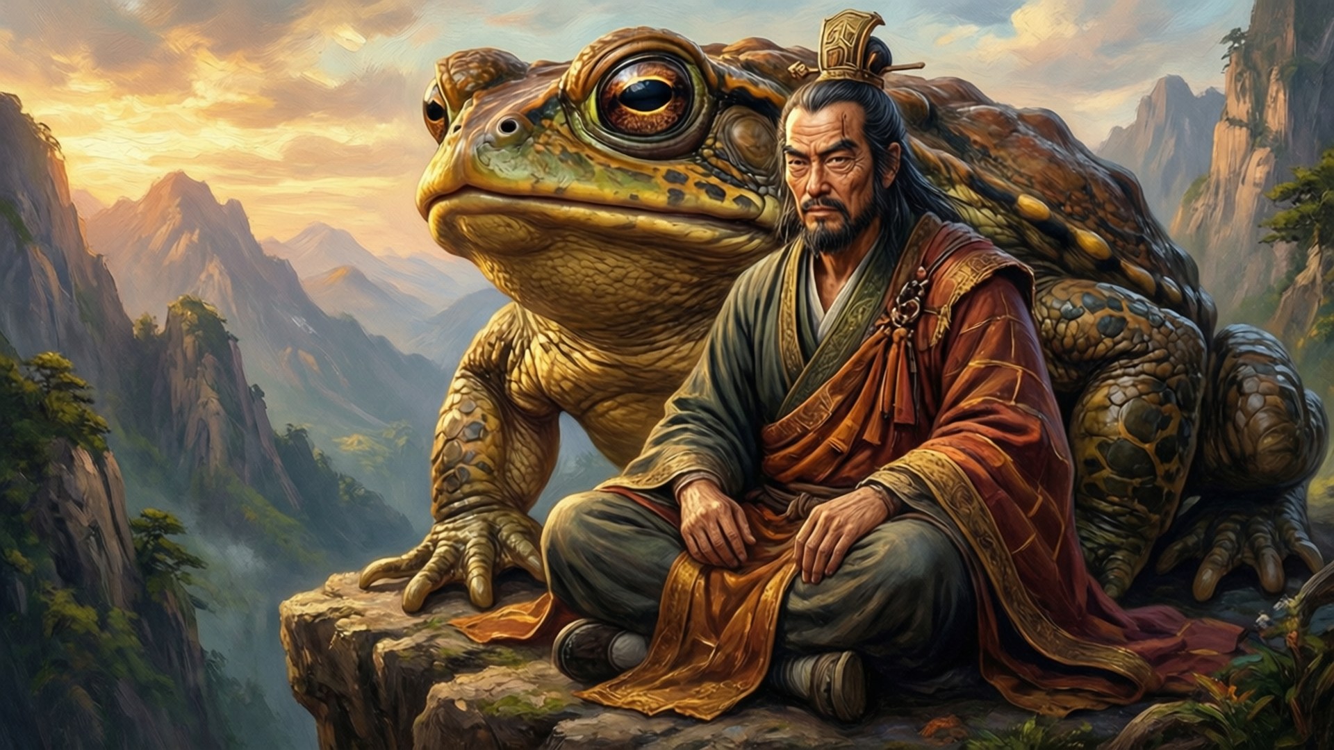 傳說中的仙人 壁紙 — 一位身穿傳統長袍的智慧老人，在日落時分平靜地坐在山崖上的一隻巨型蟾蜍旁邊。