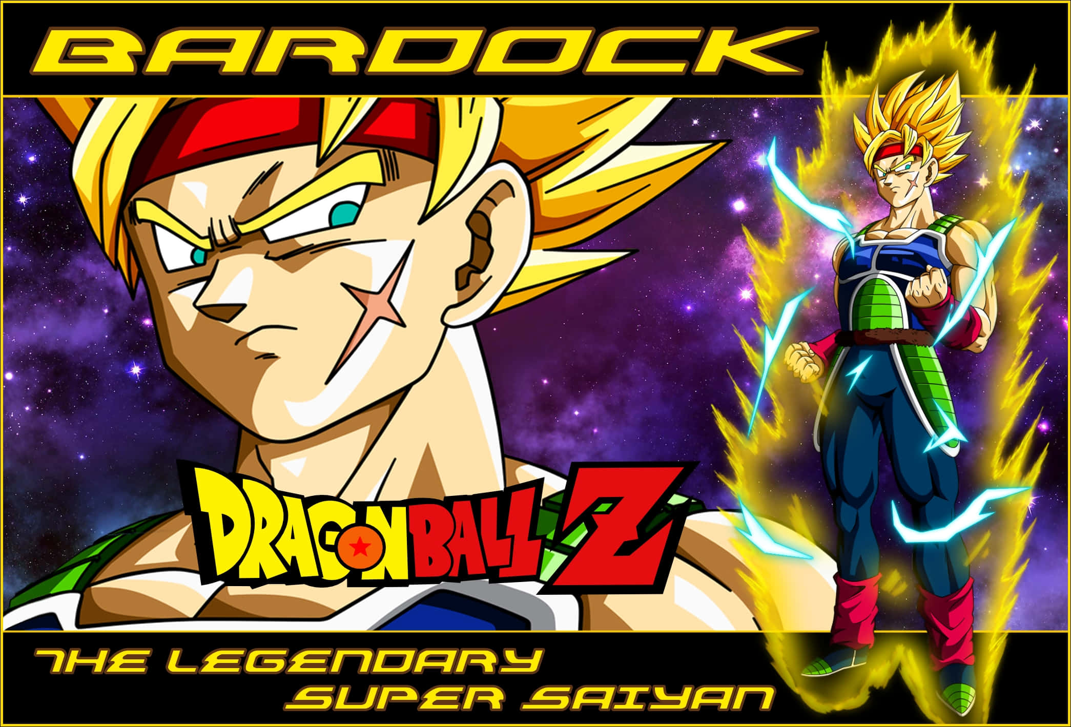 Bardock 桌布 壁紙 — 傳說中的超級賽亞人巴達克，帶著發光的氣場和閃電拳頭，在星空的紫色虛空中展現宇宙般的榮耀。