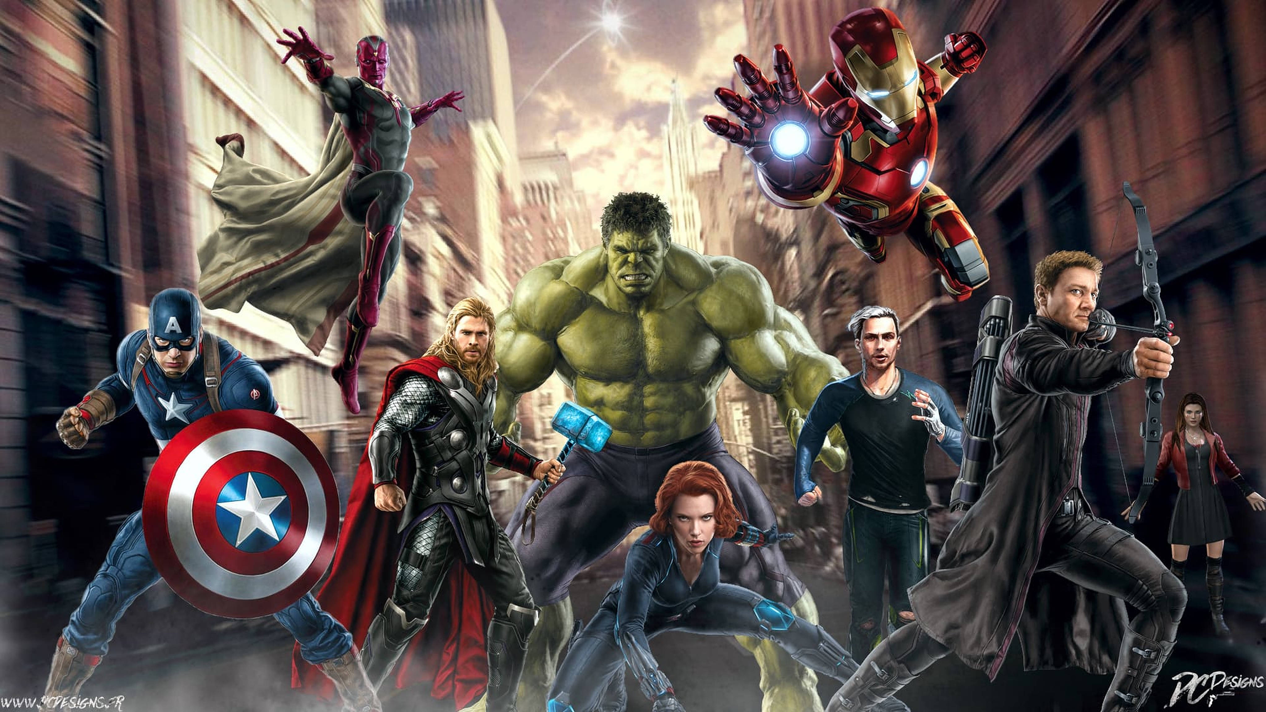 4K Marvel 壁紙 桌布 壁紙 — 像Hulk、Iron Man和Captain America這樣的超級英雄在戲劇性的天空下站在城市街道上準備就緒。