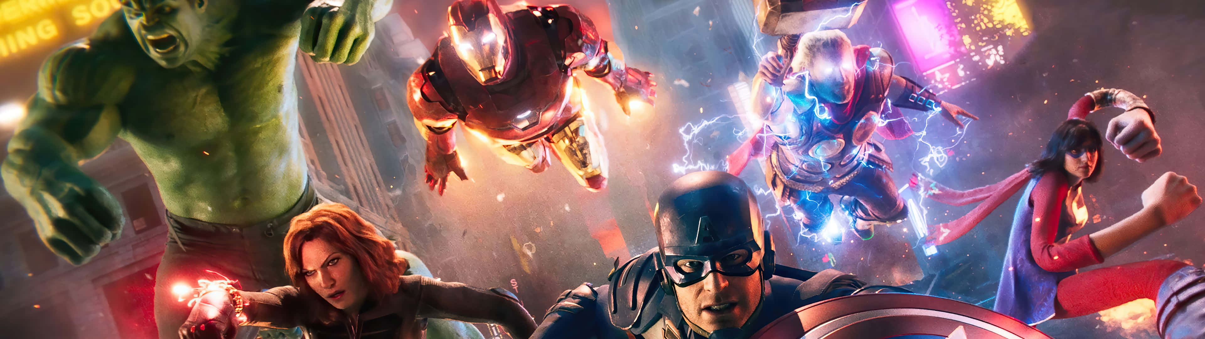桌布 壁紙 — 像Hulk、Iron Man和Captain America這樣的超級英雄在熾熱的城市爆炸中戰鬥，伴隨著發光的能量效果。