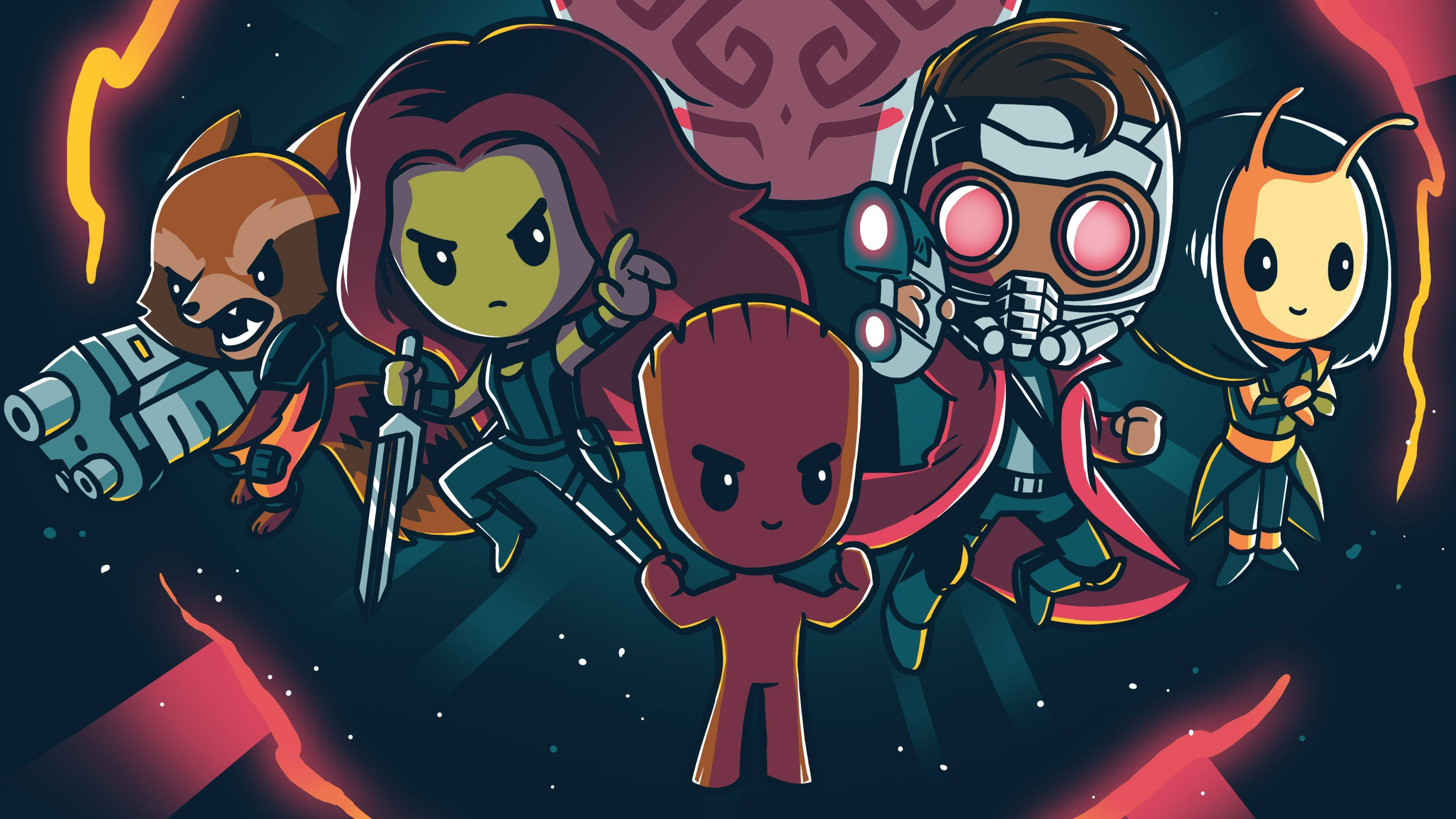 4K Guardians Of The Galaxy 桌布 壁紙 — 像格魯特和星爵這樣的Q版漫威英雄，在帶有火熱橙色條紋的宇宙背景下英勇站立。
