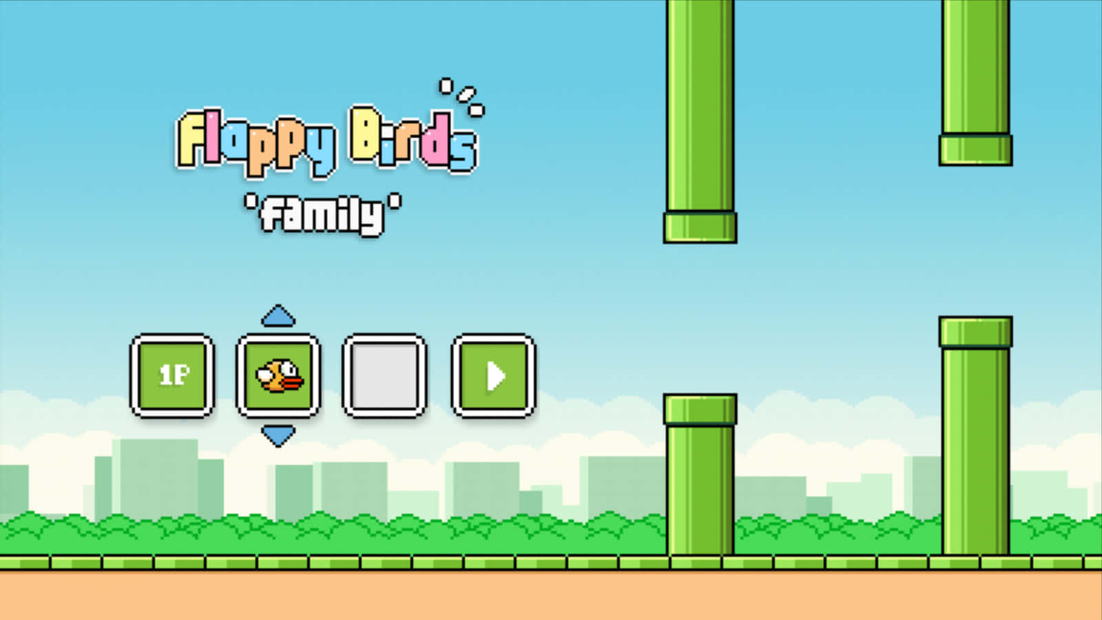 Flappy Bird 桌布 壁紙 — 像素化 Flappy Birds 遊戲畫面，有綠色管道和卡通鳥，準備在城市天際線前遊玩。
