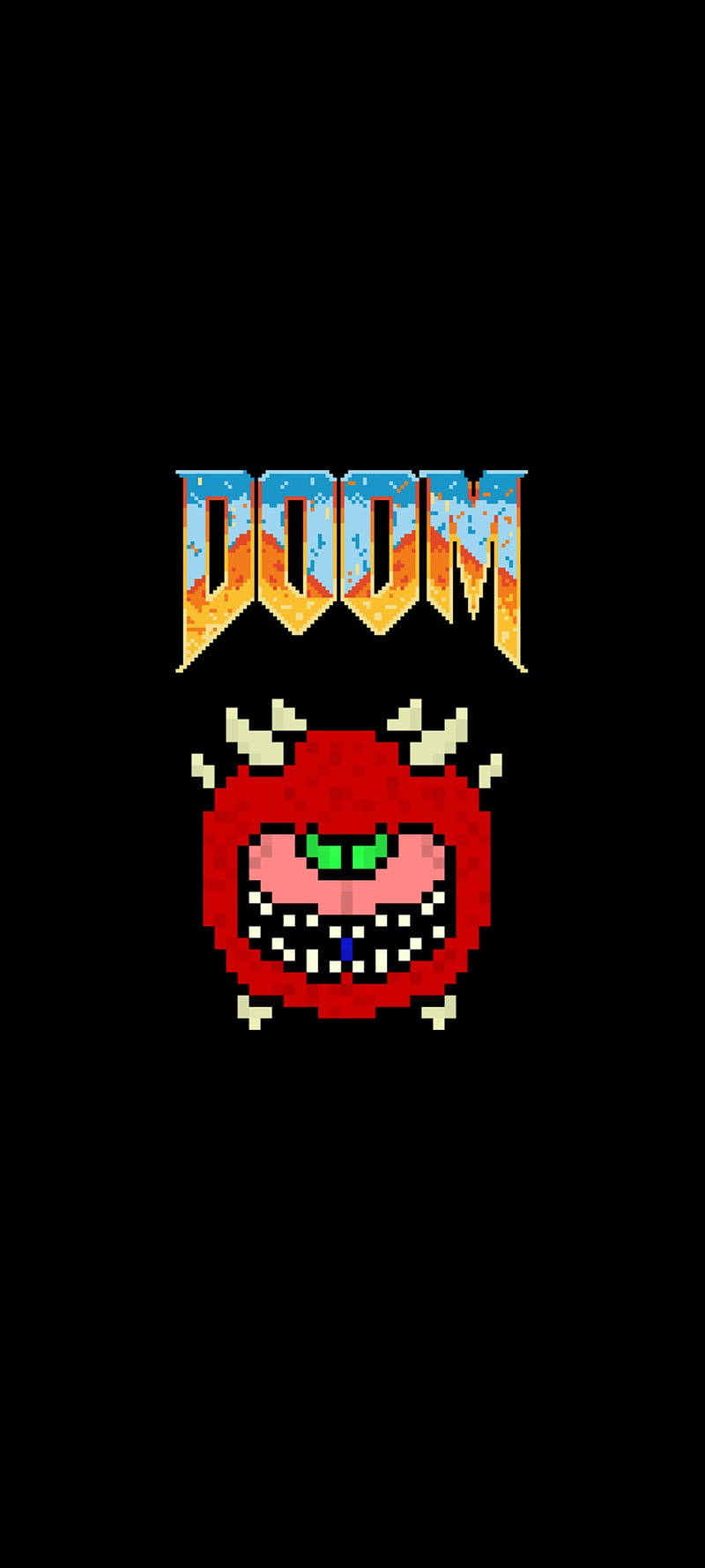 桌布 壁紙 — 像素化DOOM標誌，黑色背景上有一個紅色惡魔面孔。