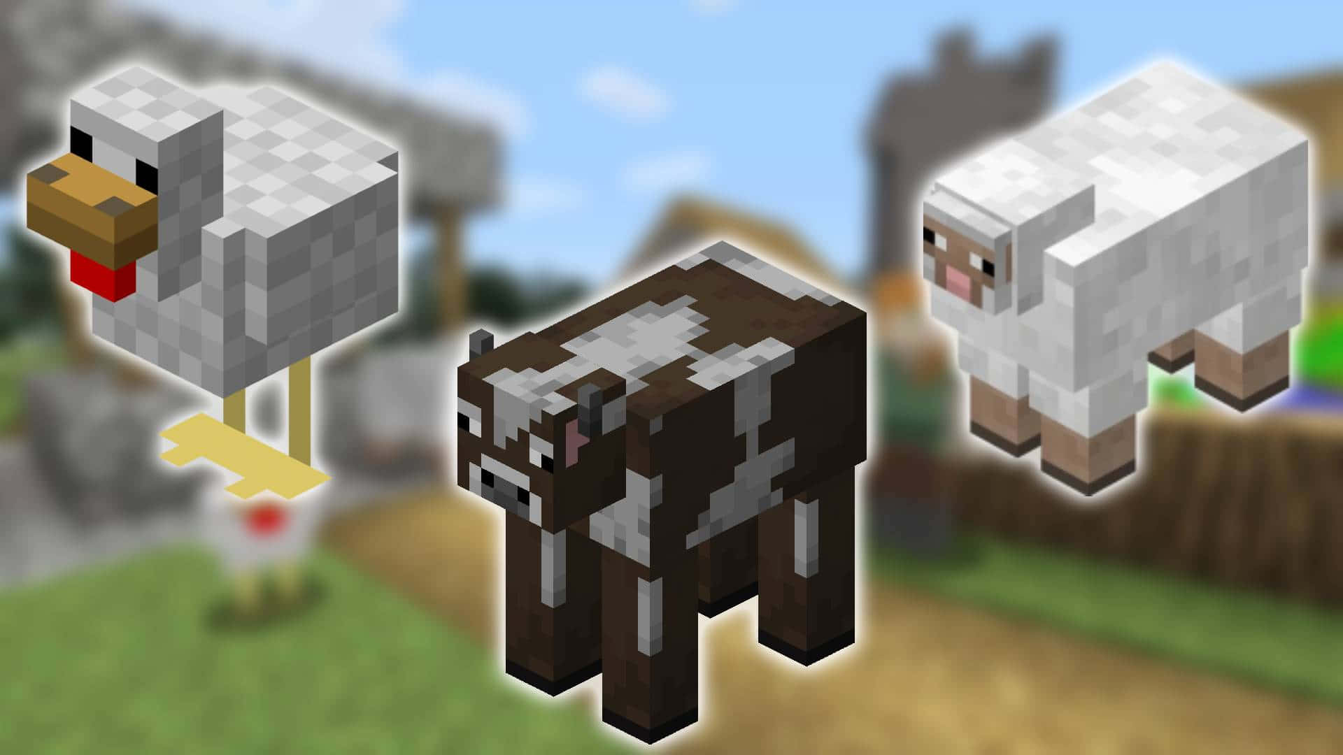 Minecraft Sheep 桌布 壁紙 — 像素化Minecraft動物：雞、牛和羊站在藍天下模糊的農場場景中。