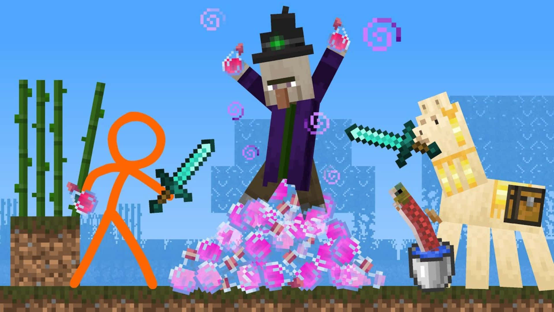 Minecraft Witch 桌布 壁紙 — 像素化Minecraft女巫與火柴人以劍和粉紅色藥水在方塊幻想場景中戰鬥。