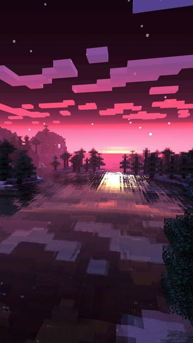 桌布 壁紙 — 像素化Minecraft日落，粉紅雲朵倒映在被方塊樹環繞的水面上。