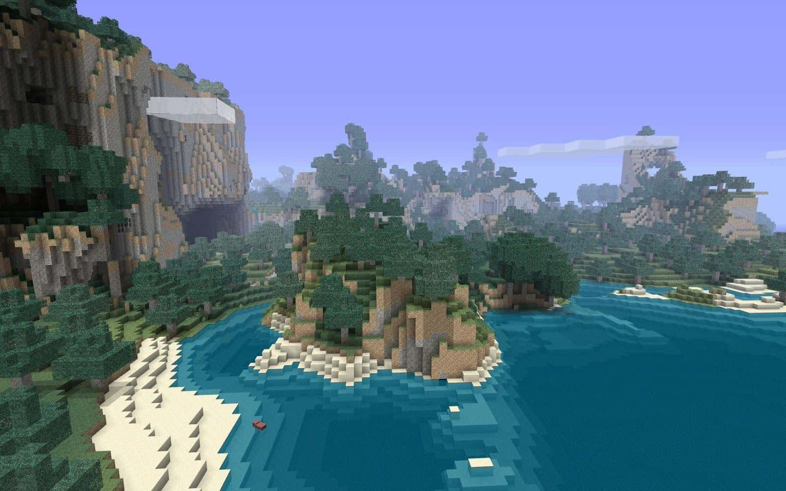 Minecraft Pixel Art 桌布 壁紙 — 像素化Minecraft景觀，包含藍綠色海洋、沙灘和翠綠島嶼，在晴朗藍天下。