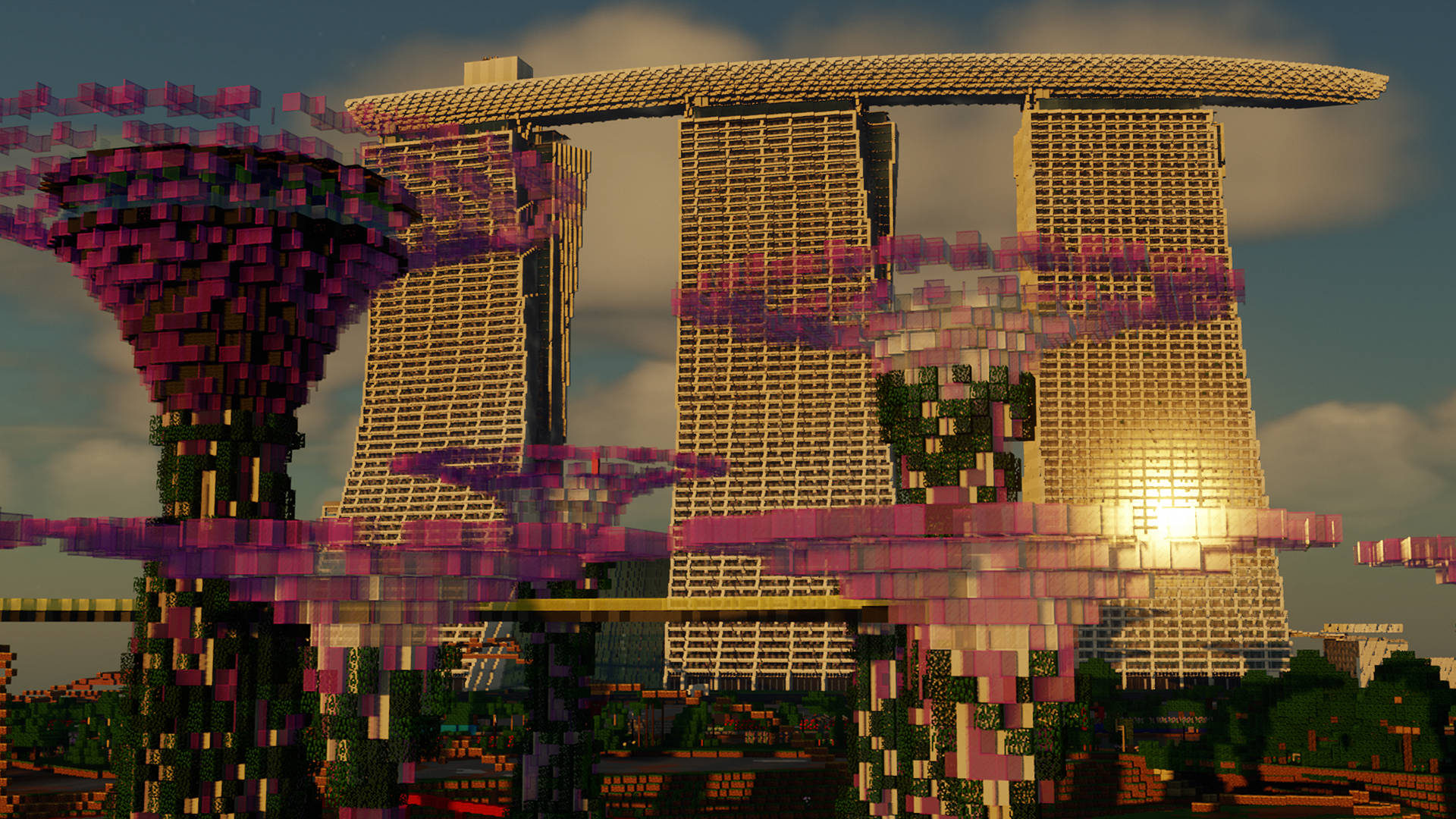 電腦 桌布 壁紙 — 像素化Minecraft版本的濱海灣金沙和超級樹，沐浴在金色夕陽中。