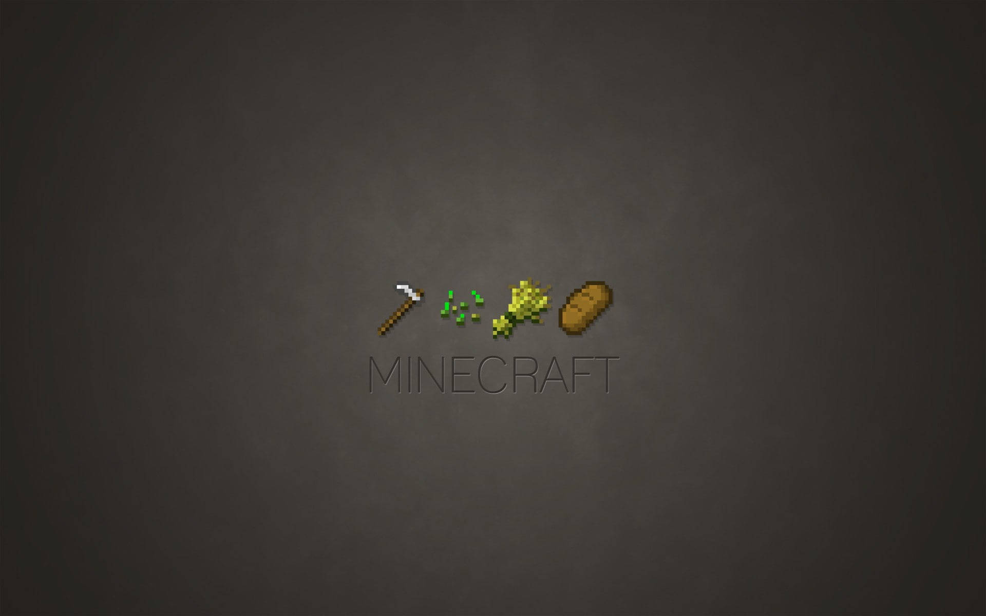 可愛 Minecraft 桌布 壁紙 — 像素化Minecraft物品，包括鎬、小麥和麵包，居中在深灰色紋理背景上。