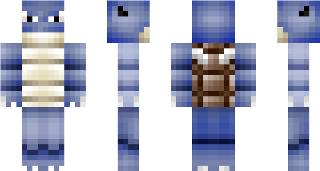 水箭龜 桌布 壁紙 — 像素化Minecraft皮膚，藍色烏龜，有條紋殼和棕色盔甲，從四個角度顯示在黑色背景上。