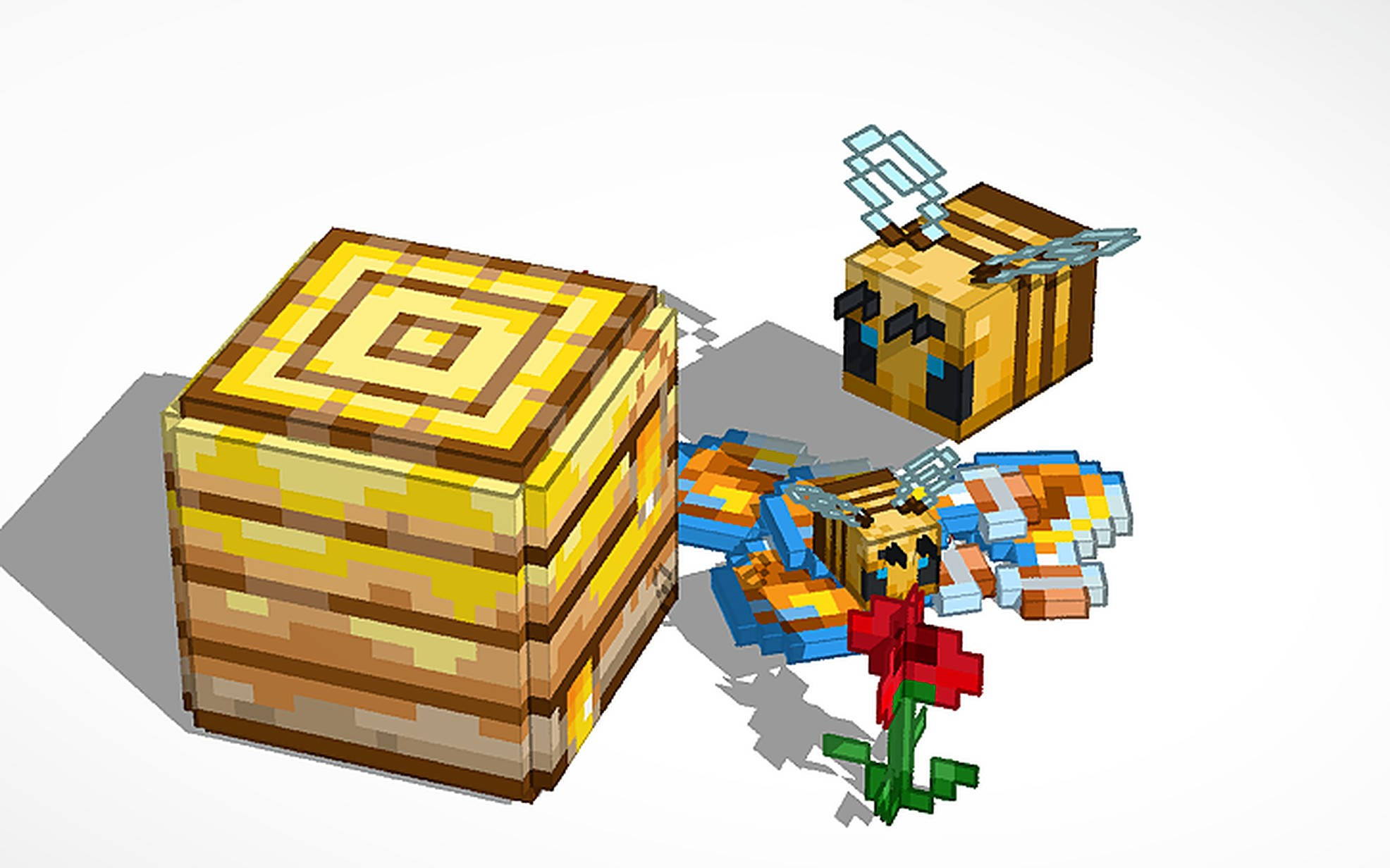我的世界 蜜蜂 桌布 壁紙 — 像素化Minecraft蜂巢和蜜蜂，帶有蜂窩圖案和紅花，白色背景。