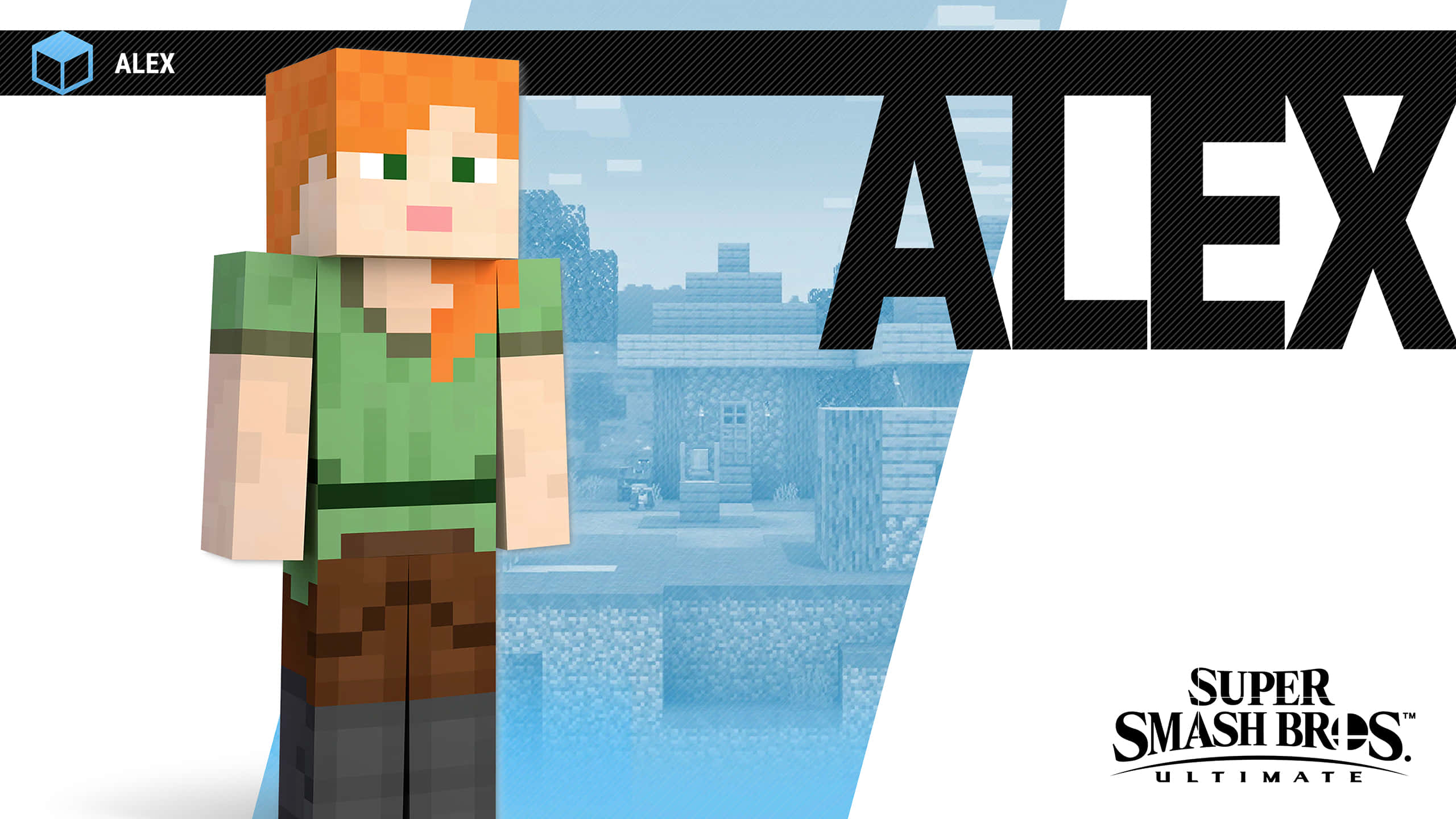 Minecraft Alex 桌布 壁紙 — 像素化Minecraft角色Alex站在模糊的村莊背景前，帶有'ALEX'文字疊加和Super Smash Bros Ultimate標誌。