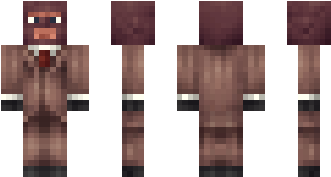 Tf2 桌布 壁紙 — 像素化Minecraft角色模型從正面、背面和側面展示，穿著棕色西裝配紅色領帶，背景為黑色。