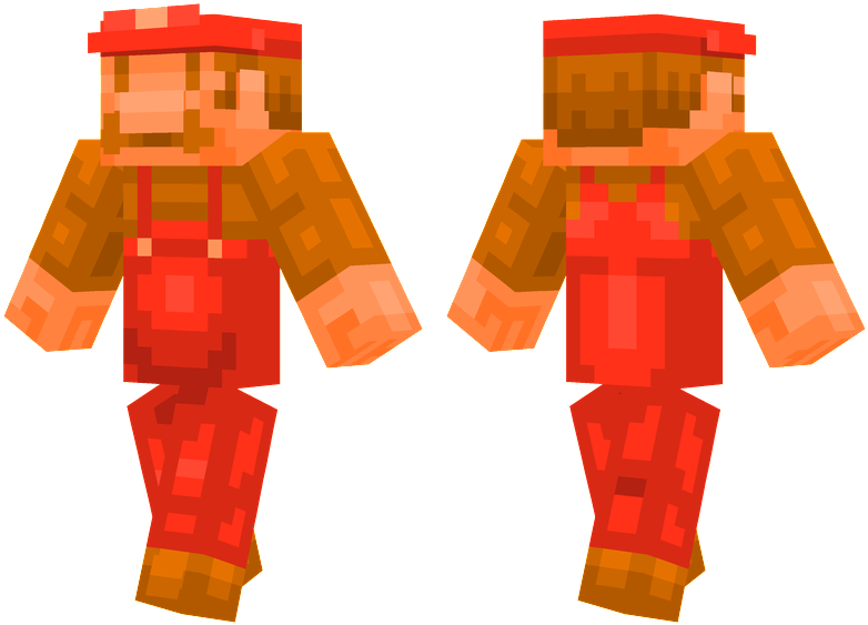 Minecraft Character 桌布 壁紙 — 像素化Minecraft角色正面和背面，穿著紅色工裝褲和帽子，背景為黑色。