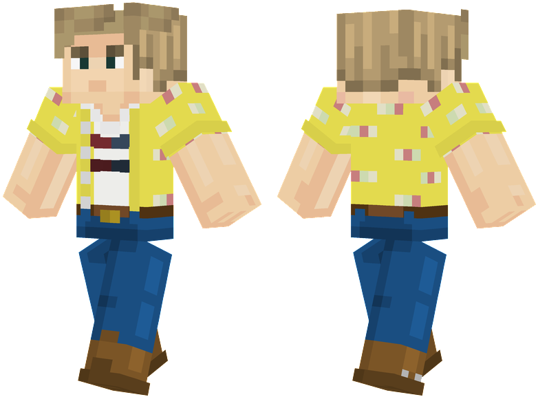 Minecraft Character 桌布 壁紙 — 像素化Minecraft角色正面和背面展示，穿著黃色圖案襯衫、藍色牛仔褲和棕色靴子。