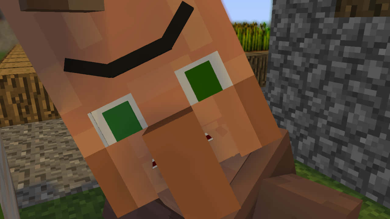 Minecraft Villager 桌布 壁紙 — 像素化Minecraft角色的特寫，綠色眼睛和黑色眉毛，位於方塊村莊環境中。