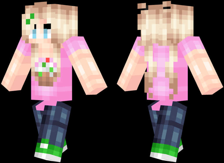 Minecraft Skins 桌布 壁紙 — 像素化Minecraft角色皮膚正面和背面，穿著粉紅色襯衫和格子褲。