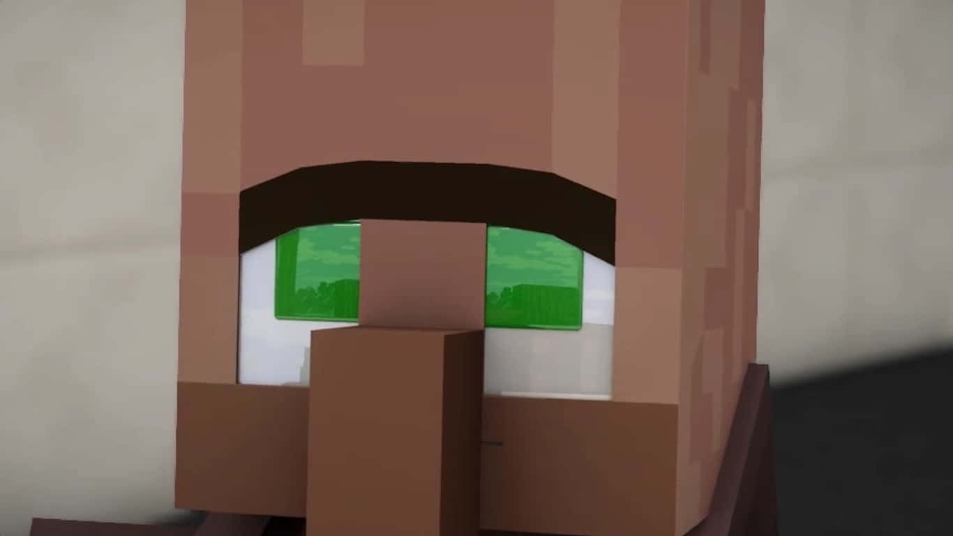 Minecraft Villager 桌布 壁紙 — 像素化Minecraft角色臉部的特寫，綠色眼睛反射出草地景觀。