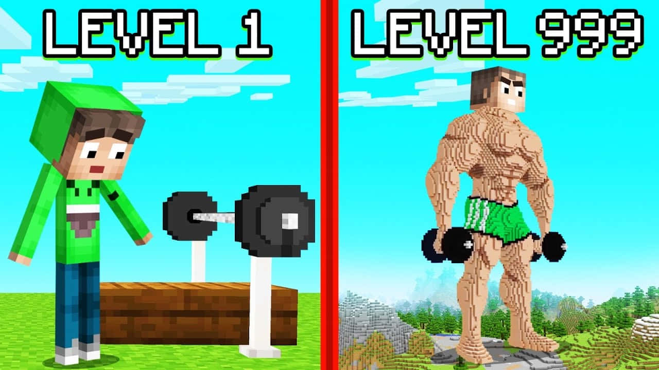 Jelly YouTube 桌布 壁紙 — 像素化Minecraft角色透過舉重進化從弱者變成肌肉神