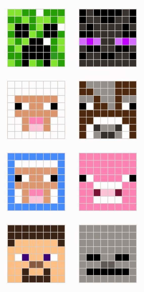 Minecraft Characters 桌布 壁紙 — 像素化Minecraft角色面孔以網格圖案排列，包括Creeper、Enderman、Sheep、Pig和Steve。