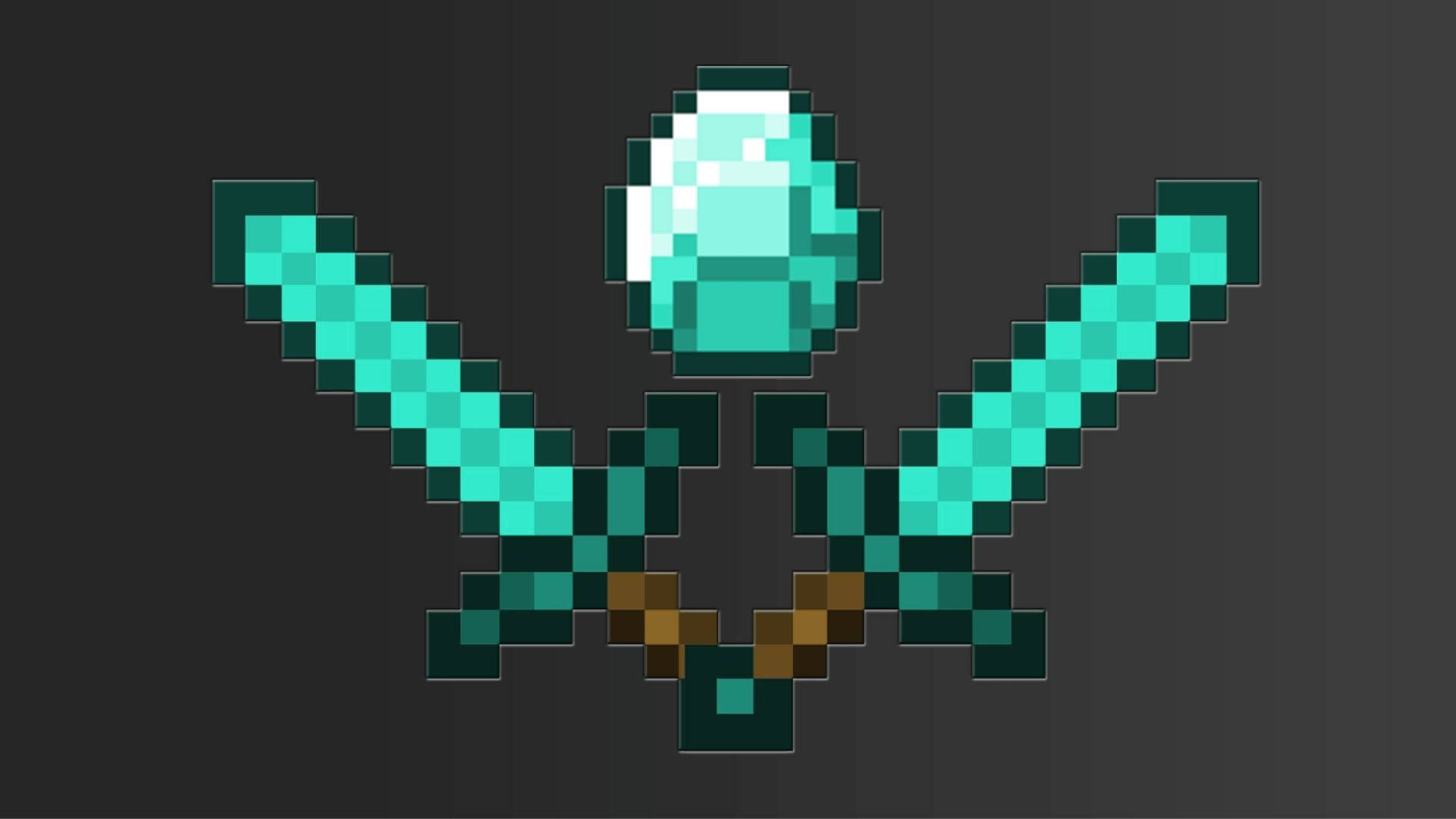 我的世界 鑽石 桌布 壁紙 — 像素化Minecraft鑽石劍和鑽石方塊在深灰色背景上。