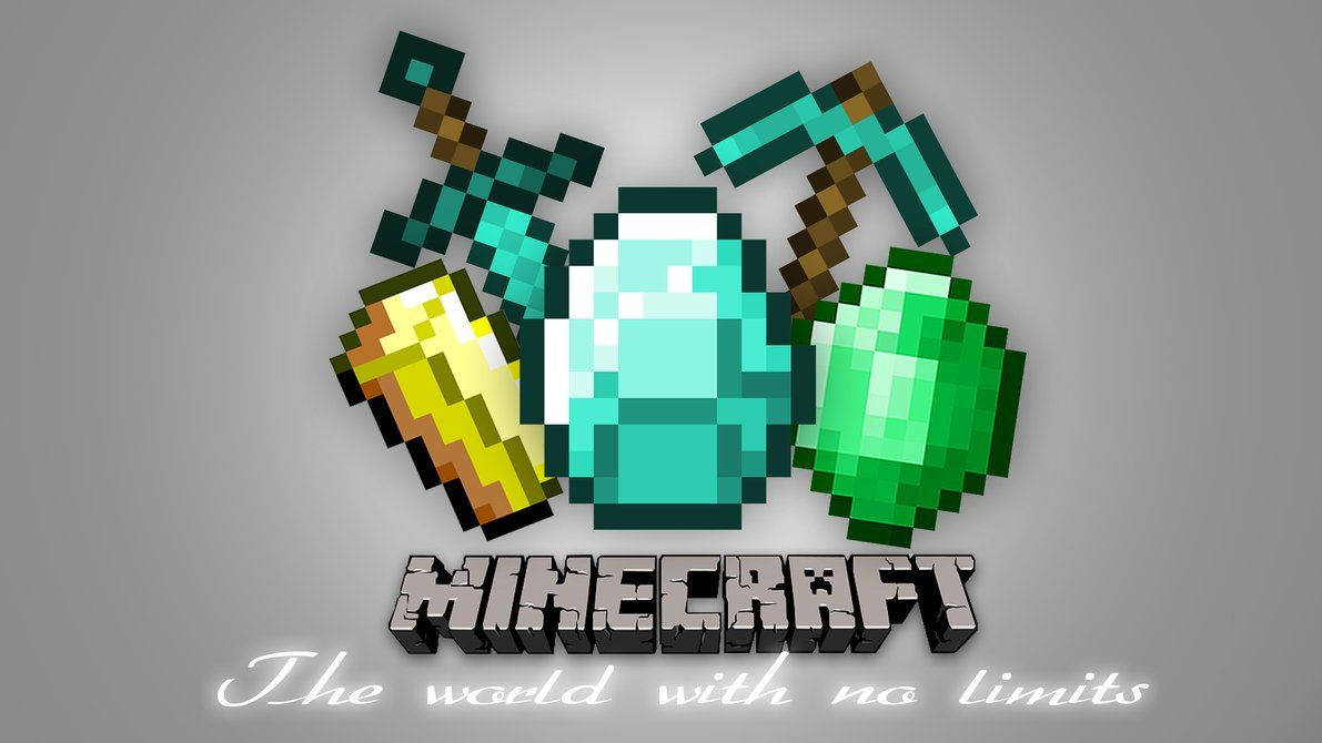 我的世界 桌布 壁紙 — 像素化Minecraft鑽石劍鎬和綠寶石鑽石金錠排列在灰色背景上的遊戲標誌上方。