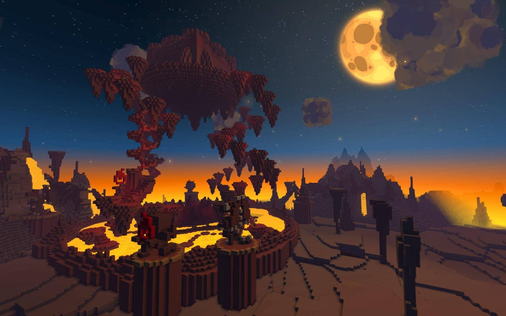 電玩遊戲 桌布 壁紙 — 像素化Minecraft風格日落景觀，巨大月亮下漂浮的紅色樹木閃閃發光。