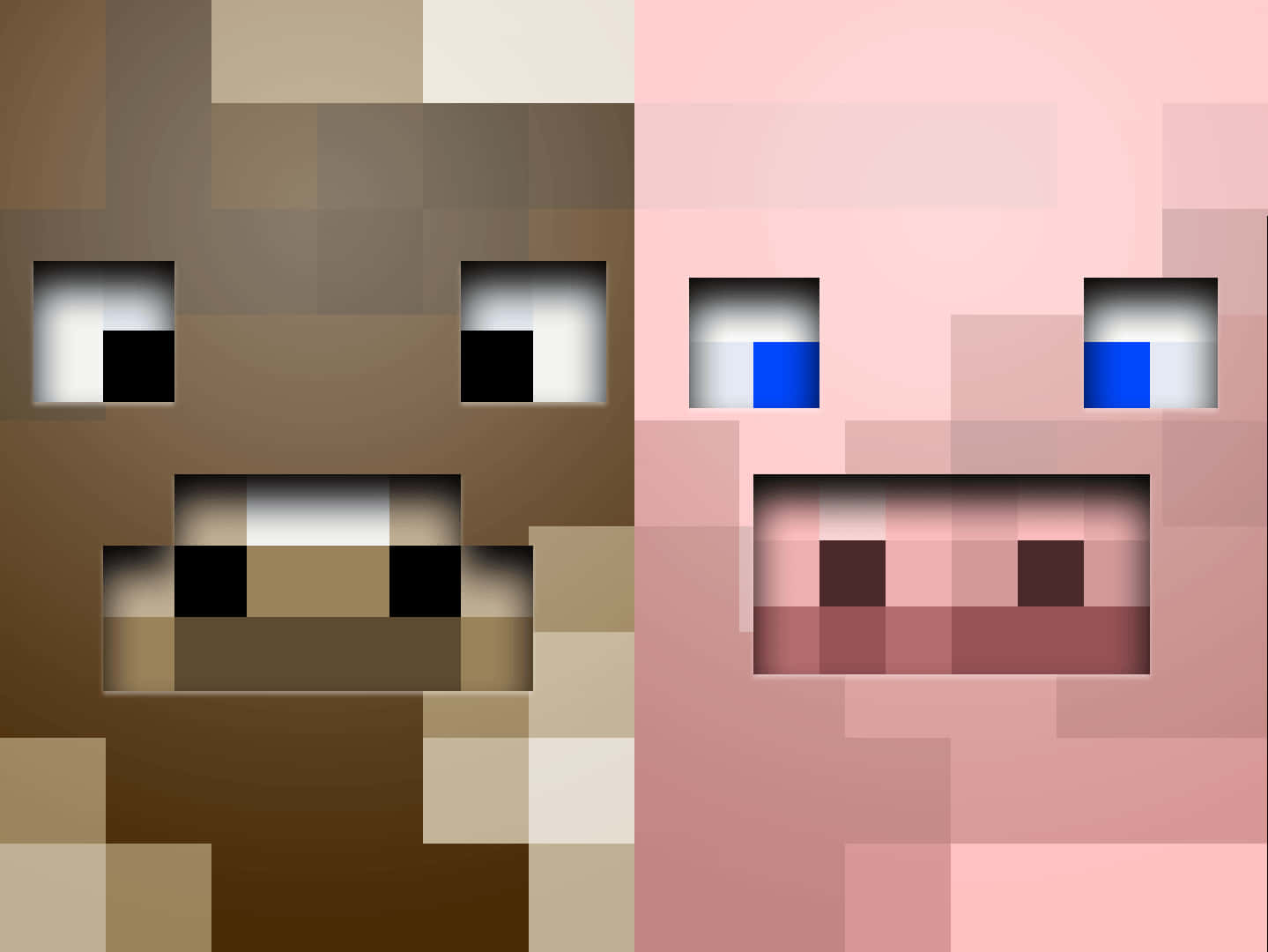 Minecraft Aesthetic 桌布 壁紙 — 像素化Minecraft風格的棕色狗和粉紅色豬臉並排，有方塊狀的眼睛和嘴巴。