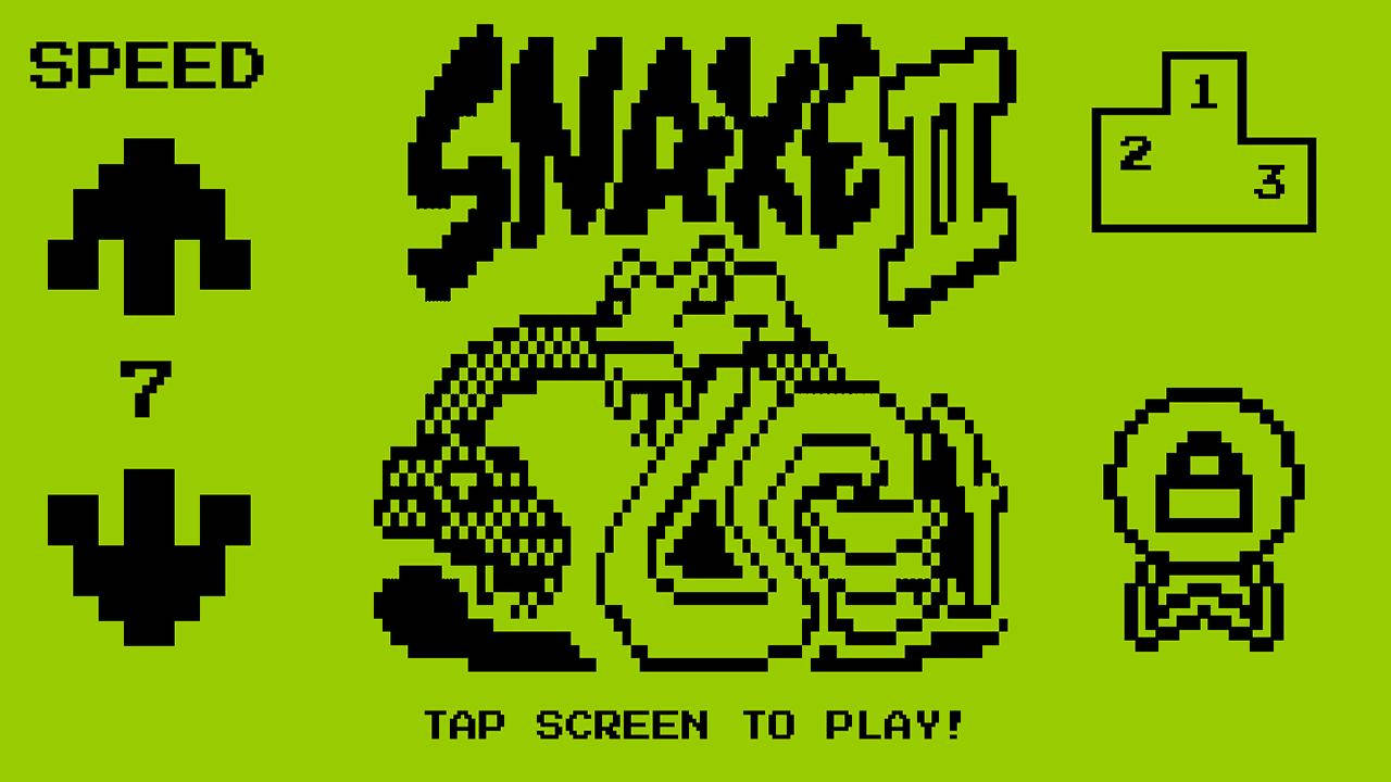 Retro Game 桌布 壁紙 — 像素化Snake II遊戲畫面，帶有萊姆綠色背景和黑色復古圖形，顯示分數、速度和點擊遊玩。